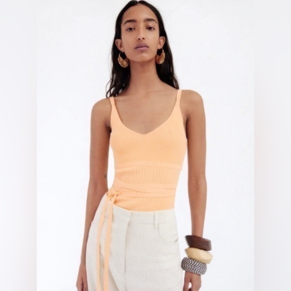 Zara Strappy Orange Knit Tie Waist Top Sz.S NWT!